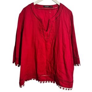 Lauren Ralph Lauren Top Women 2X Red Linen Tunic Modest 3/4 Sleeve Coastal Fall